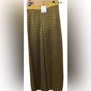 ZARA Crochet Pants Knit Wide Leg Elastic Waist Mustard/Gold Metallic SZ M 28” W